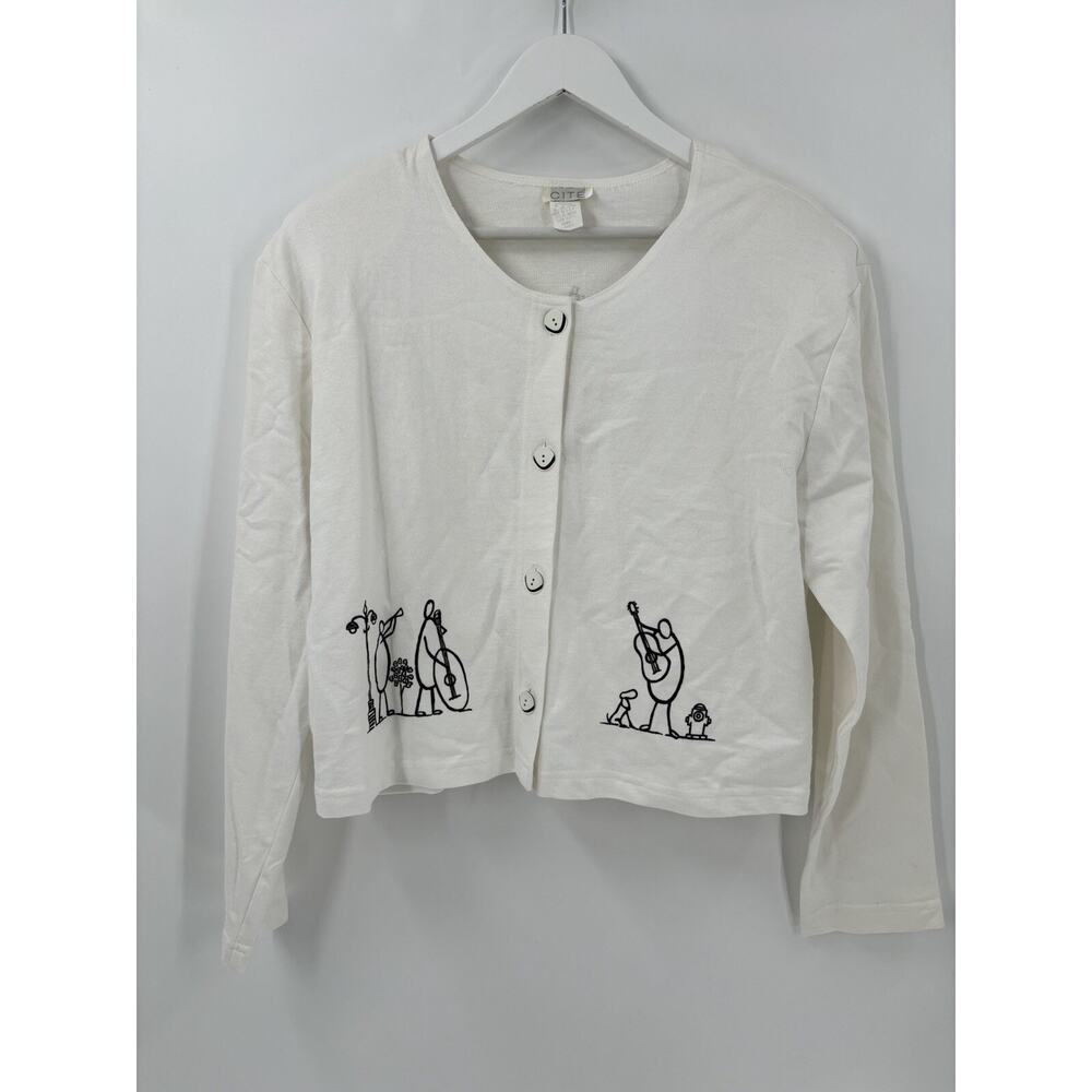 Cite Vintage Jacket Womens Large White Black Instrument People Button Sheer